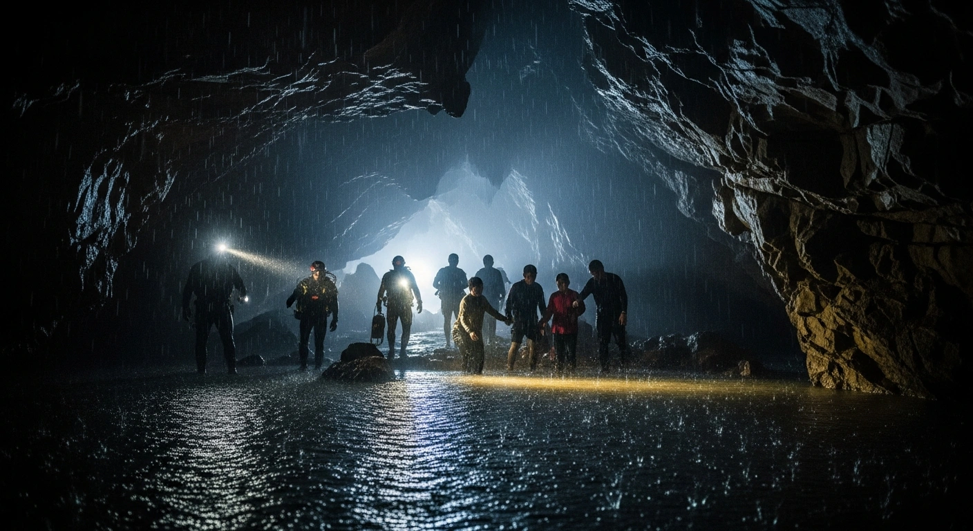 Rescue teams assist five villagers who were found alive after being trapped in a flooded cave in Xaisomboun province, Laos.