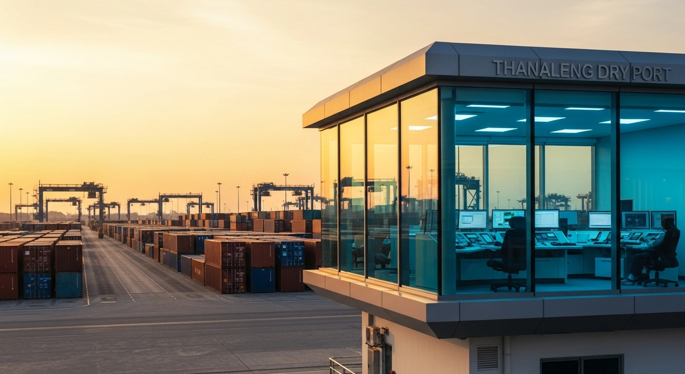 A modern digital customs control center overlooks the busy Thanaleng Dry Port in Laos as part of a new centralized logistics initiative.