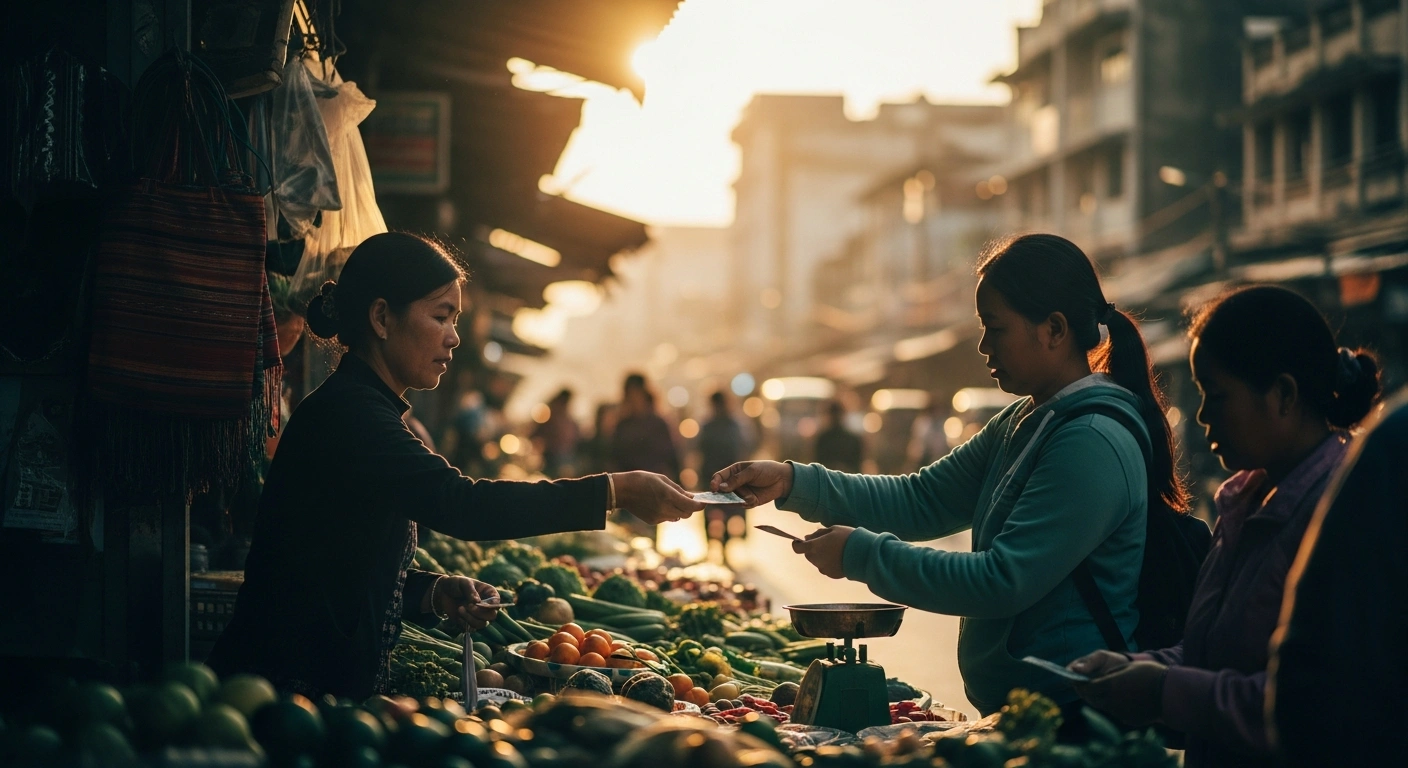 A local merchant conducts a transaction in a vibrant marketplace in Laos, symbolizing the country's economic stabilization and declining inflation rate.
