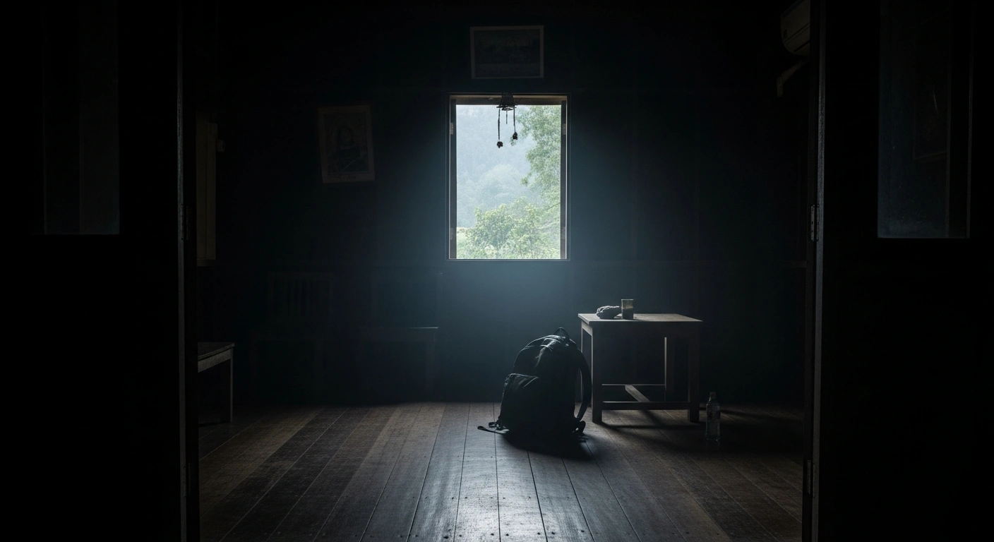 A wide shot of a deserted common room in a rustic Southeast Asian hostel at pre-dawn, featuring an empty backpack and an overturned table on a worn wooden floor, depicting the aftermath of the methanol poisoning deaths of six tourists at Nana Backpacker Hostel in Laos, where staff were fined for destroying evidence.