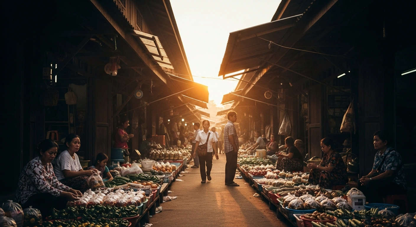 A bustling marketplace in Laos represents the country's economic stabilization as inflation rates decline.