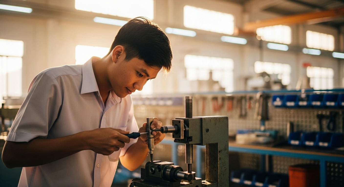 A young Lao student learns technical skills using modern industrial equipment in a vocational training workshop to support national economic development.