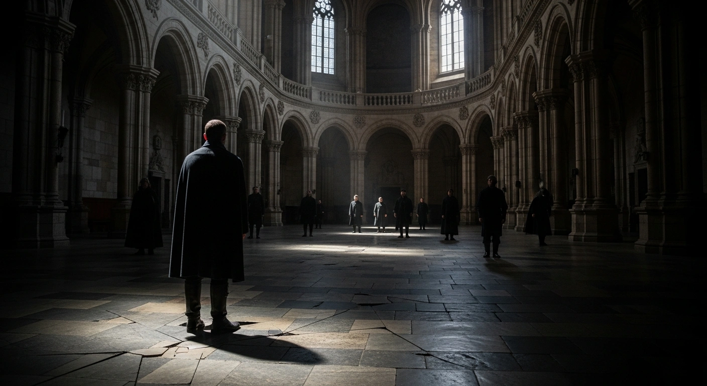 A dimly lit, fractured chamber features a solitary figure observing scattered individuals, visually representing the disunity among opposition parties, such as the liberal bloc led by Yair Lapid, as they face the prospect of another election loss against Prime Minister Benjamin Netanyahu in the upcoming Israeli elections.