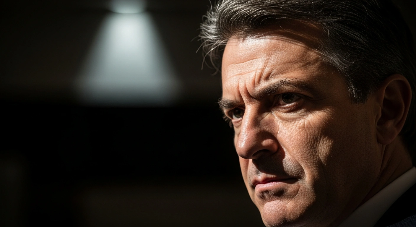 A dramatic medium shot shows FC Barcelona president Joan Laporta under a harsh spotlight, his face intense, as he criticizes Real Madrid and their alleged attempts to influence referees in the context of the Negreira Case.