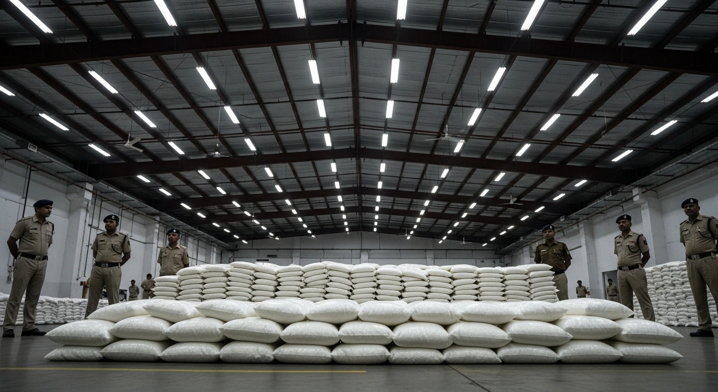 Narcotics Control Bureau and Delhi Police officers stand guard around a large seizure of 328.54 kg of crystalline methamphetamine, displayed in clear evidence bags on a warehouse floor, following a joint operation.