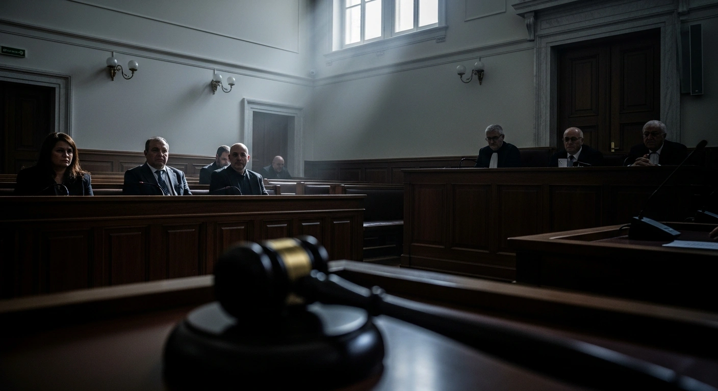 Railway officials sit in a courtroom in Larissa, Greece, during the criminal trial for the fatal 2023 train collision.