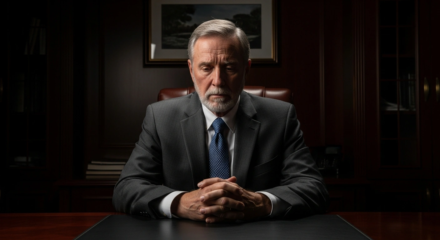 A distinguished, older man, resembling Larry Summers, sits alone in a dimly lit, wood-paneled office, his face etched with profound regret as he contemplates his decision to step back from public commitments after his communications with Jeffrey Epstein were revealed.