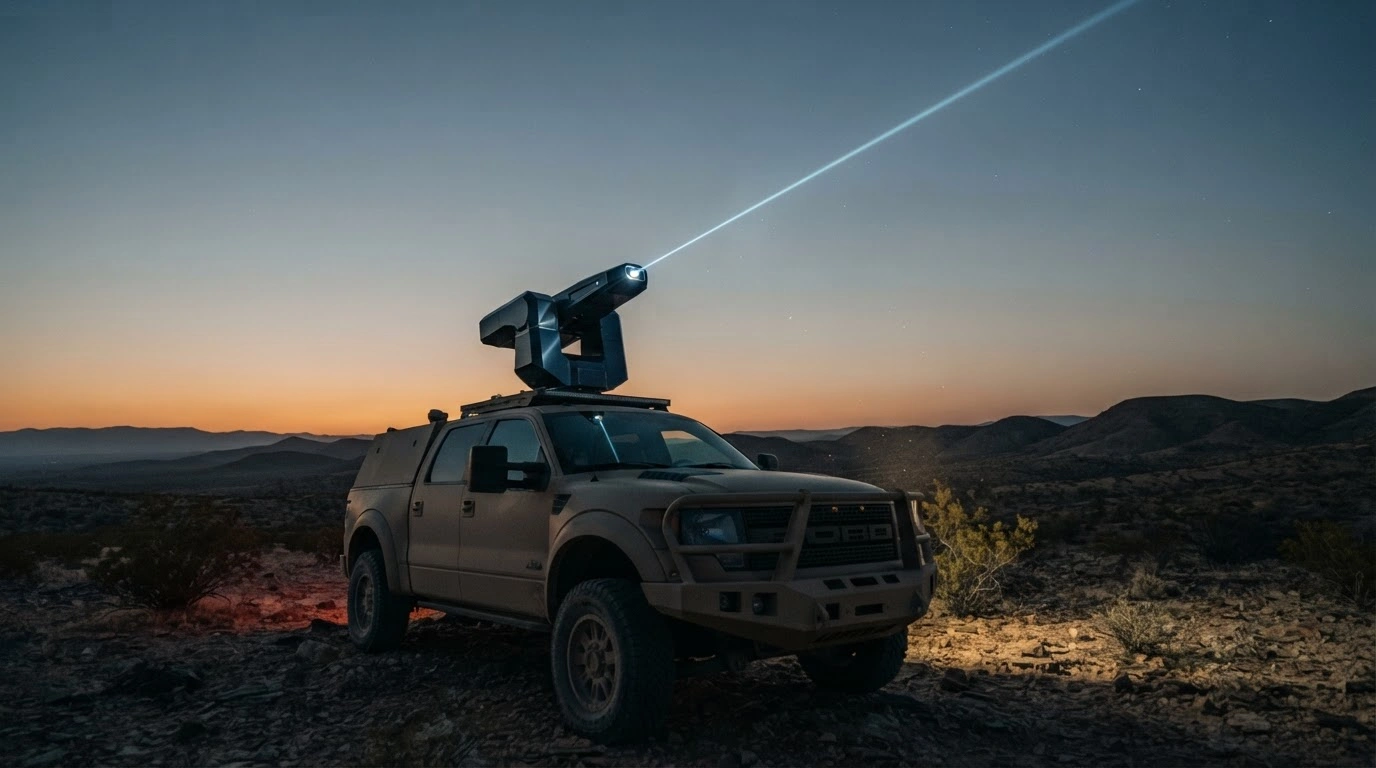 A high-energy laser weapon system mounted on a border patrol vehicle tracks and neutralizes an unauthorized drone flying over the US border at twilight.