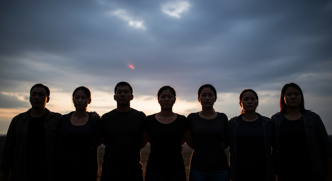 Six figures representing Brazil, Chile, Colombia, Mexico, Uruguay, and Spain stand united against a stormy sky, symbolizing their joint condemnation of US military actions in Venezuela and rejection of external control over its resources.