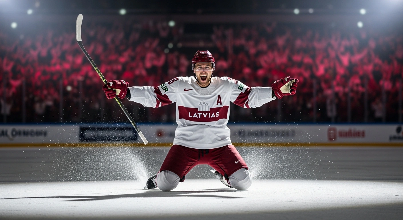 A Latvian ice hockey player celebrates on the ice after securing a victory to advance to the quarterfinals of the 2026 IIHF World Championship.