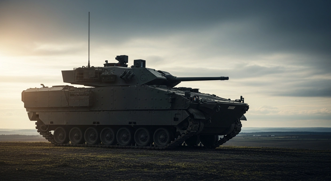 A modern ASCOD Hunter infantry fighting vehicle, with its dark metallic armor gleaming, is captured from a low-angle, wide-lens perspective on rugged terrain under an overcast sky, representing Latvia's defense modernization and its acquisition of these vehicles.