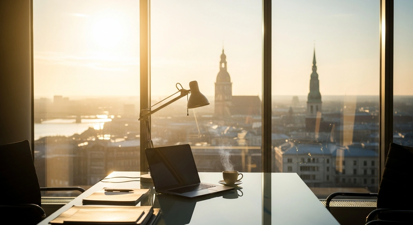 A modern office workspace in Latvia overlooking the city skyline during the first quarter of 2026, representing the country's average monthly salary growth.