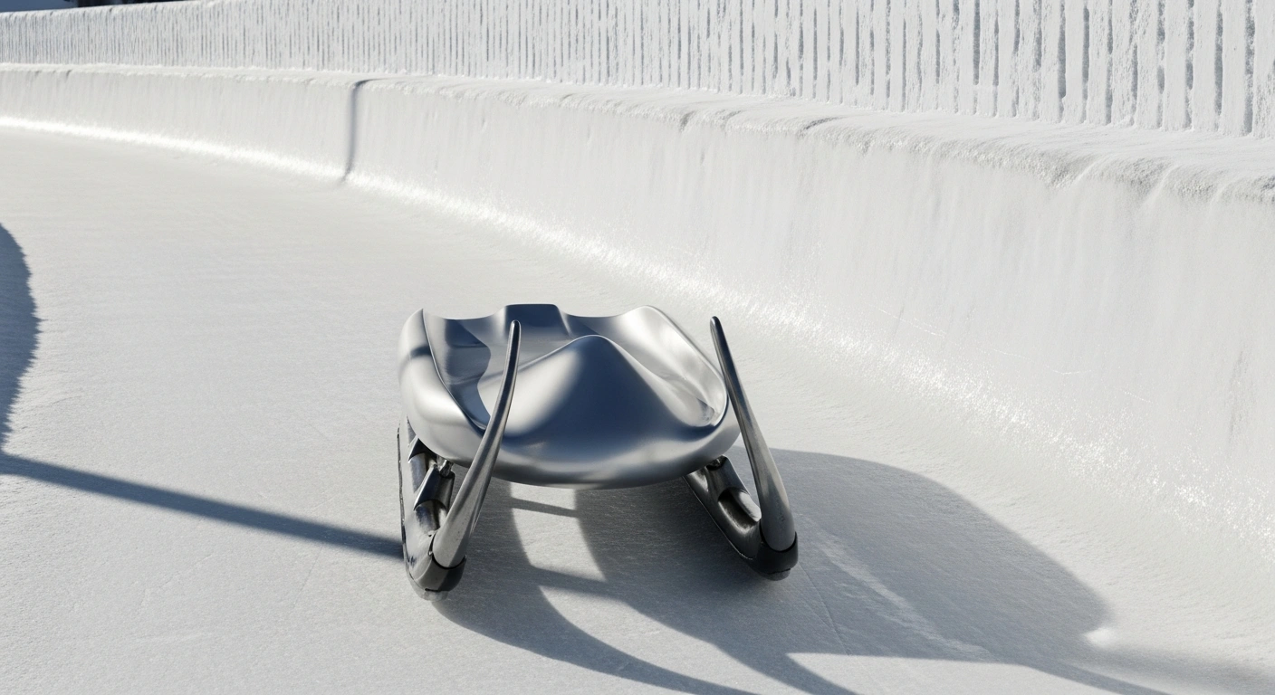 A highly polished luge sled is halted before a frosted barrier on an empty ice track, symbolizing Latvia's indefinite entry ban for Russian athletes from the Luge World Cup.