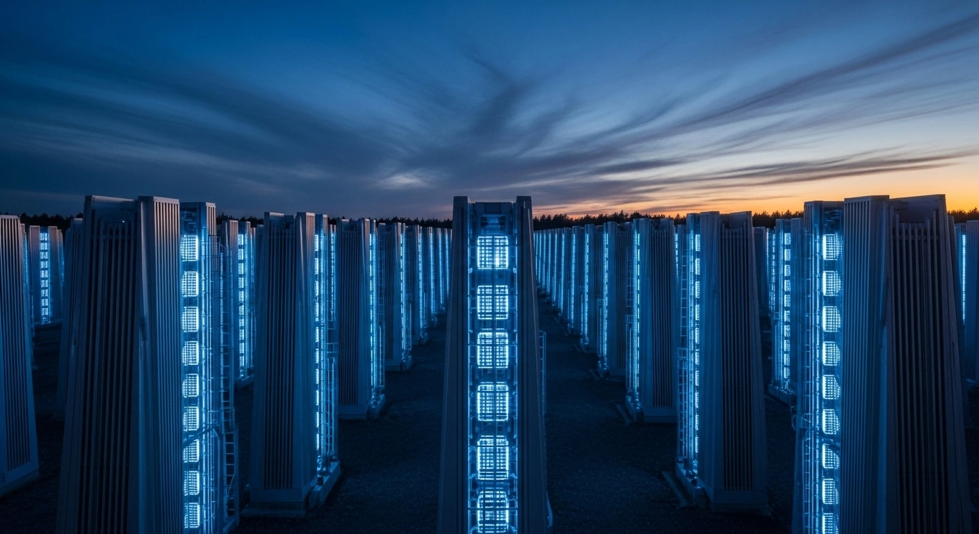 A wide, low-angle shot at twilight shows a vast, modern utility-scale battery energy storage system with towering metallic units glowing with internal blue light, representing the newly commissioned systems by Latvia's Augstsprieguma tīkls (AST) in Rēzekne and Tume, which are crucial for the Baltic states' synchronization with the Continental European power grid and regional energy independence.