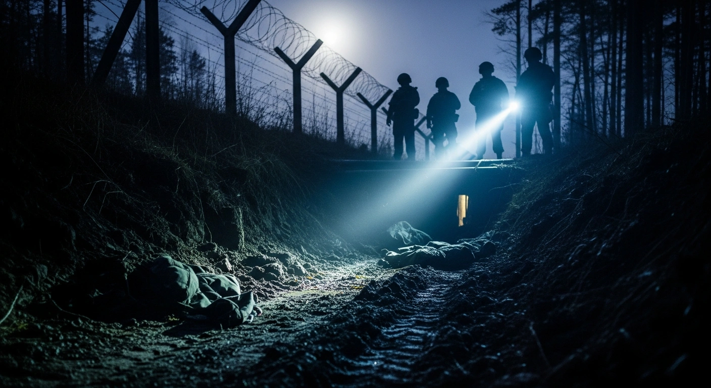 Latvian border guards investigate a newly discovered illegal underground tunnel near the Belarus border to prevent unauthorized crossings.