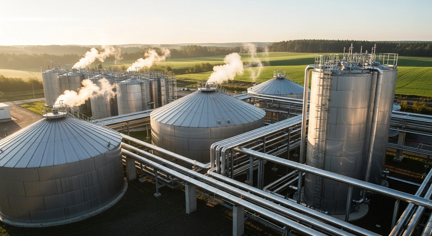 A modern biomethane production facility in Latvia stands in a green landscape as part of a government-funded renewable energy initiative.