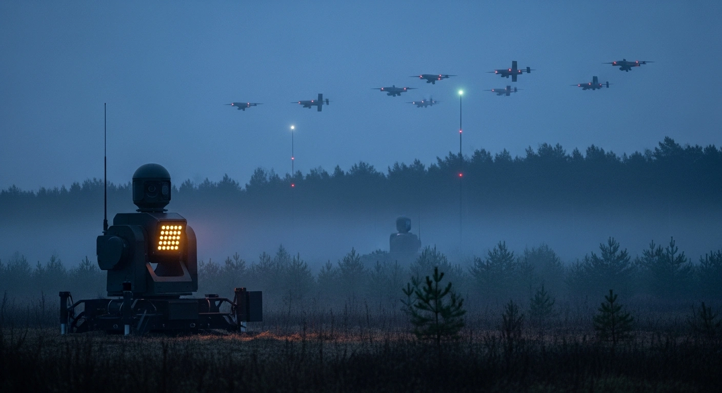 An automated turret and interceptor drone units are deployed along the Latvian border to enhance national security and surveillance capabilities.