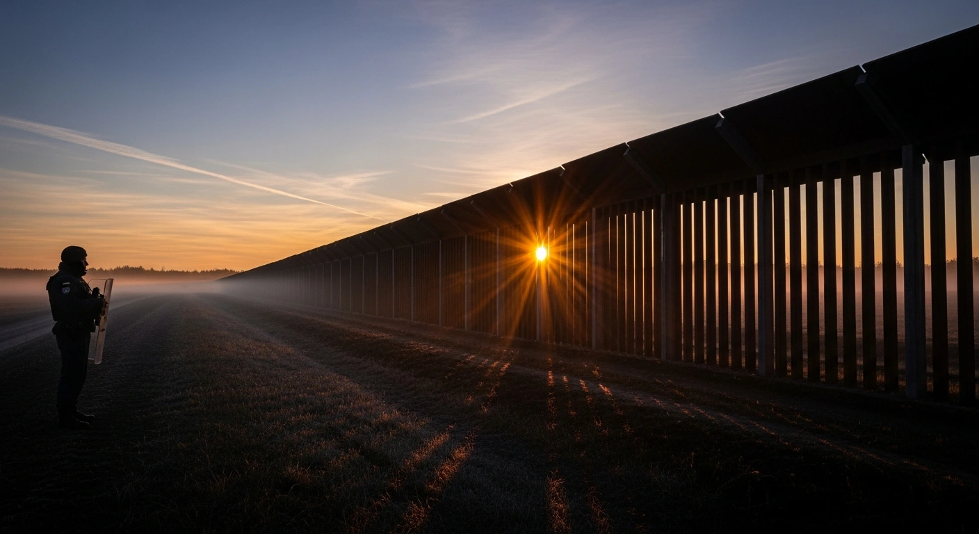 A wide, cinematic shot at twilight shows a formidable, modern border fence stretching across a desolate, misty landscape, dramatically backlit by an orange and purple sky, with a silhouetted figure standing vigilantly in the foreground, illustrating Latvia's reinforced border protection against illegal migration and its focus on national security.
