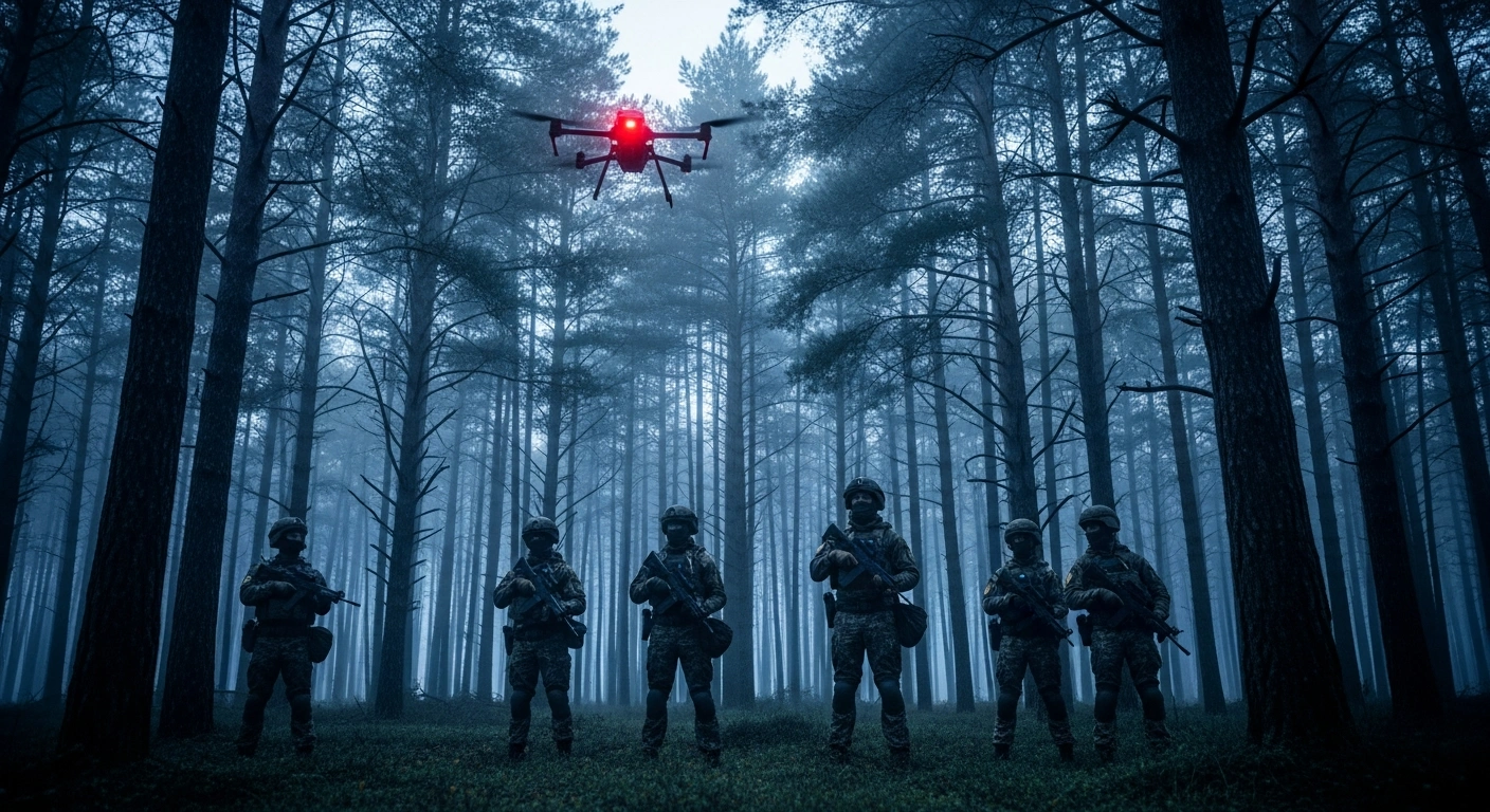 Latvian border patrol soldiers conduct surveillance operations in a forest to enhance border security during Operation Vilkatis.