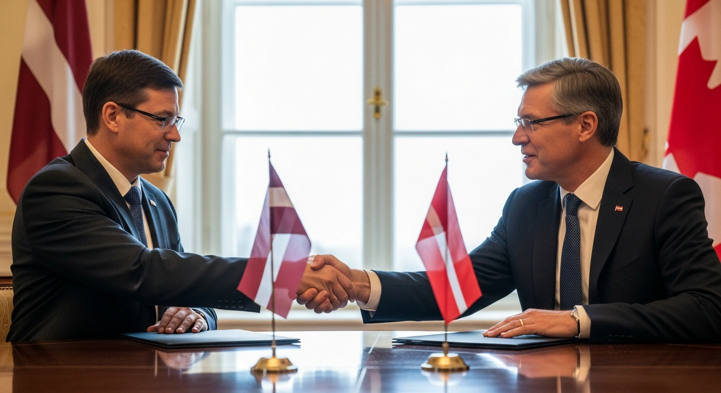 Two officials, representing Latvia and Canada, shake hands over a formal table with their national flags in the background, symbolizing the signing of a Memorandum of Understanding in Rīga for cooperation in military equipment, infrastructure, and services procurement, establishing a basis for joint defense industry projects.