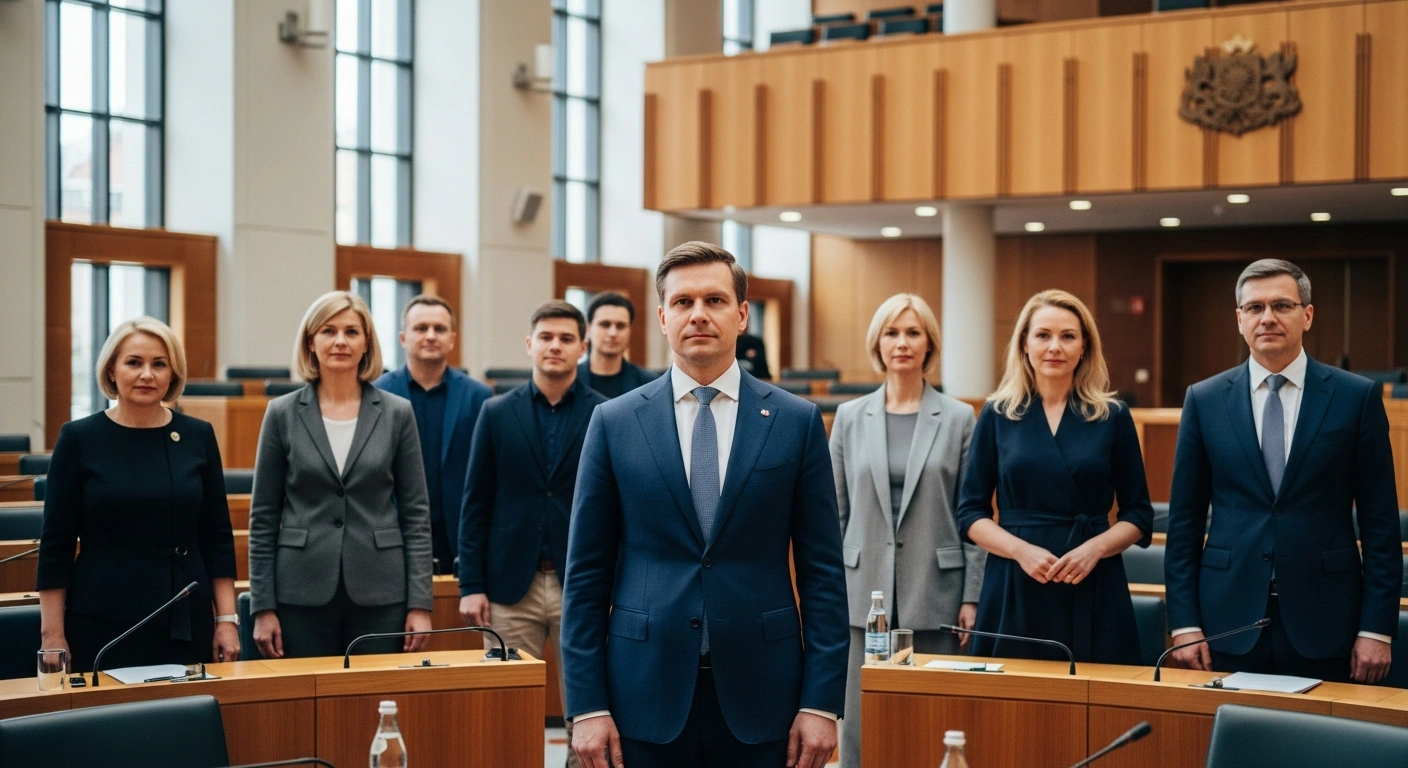 Prime Minister-designate Andris Kulbergs stands with his proposed ministerial candidates to announce the new coalition government in Latvia.