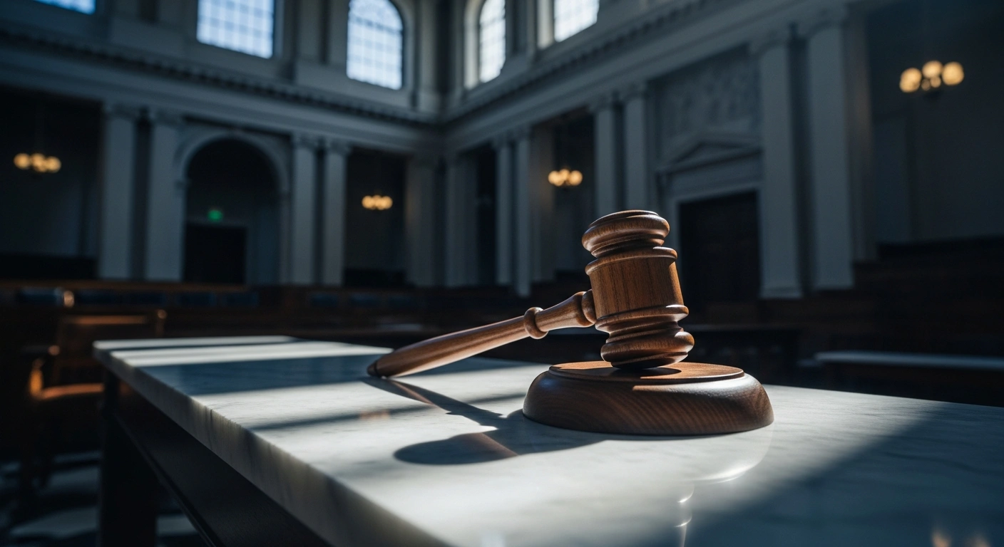 A wooden gavel sits on a marble bench inside a Latvian courtroom following a Constitutional Court ruling on public media language requirements.