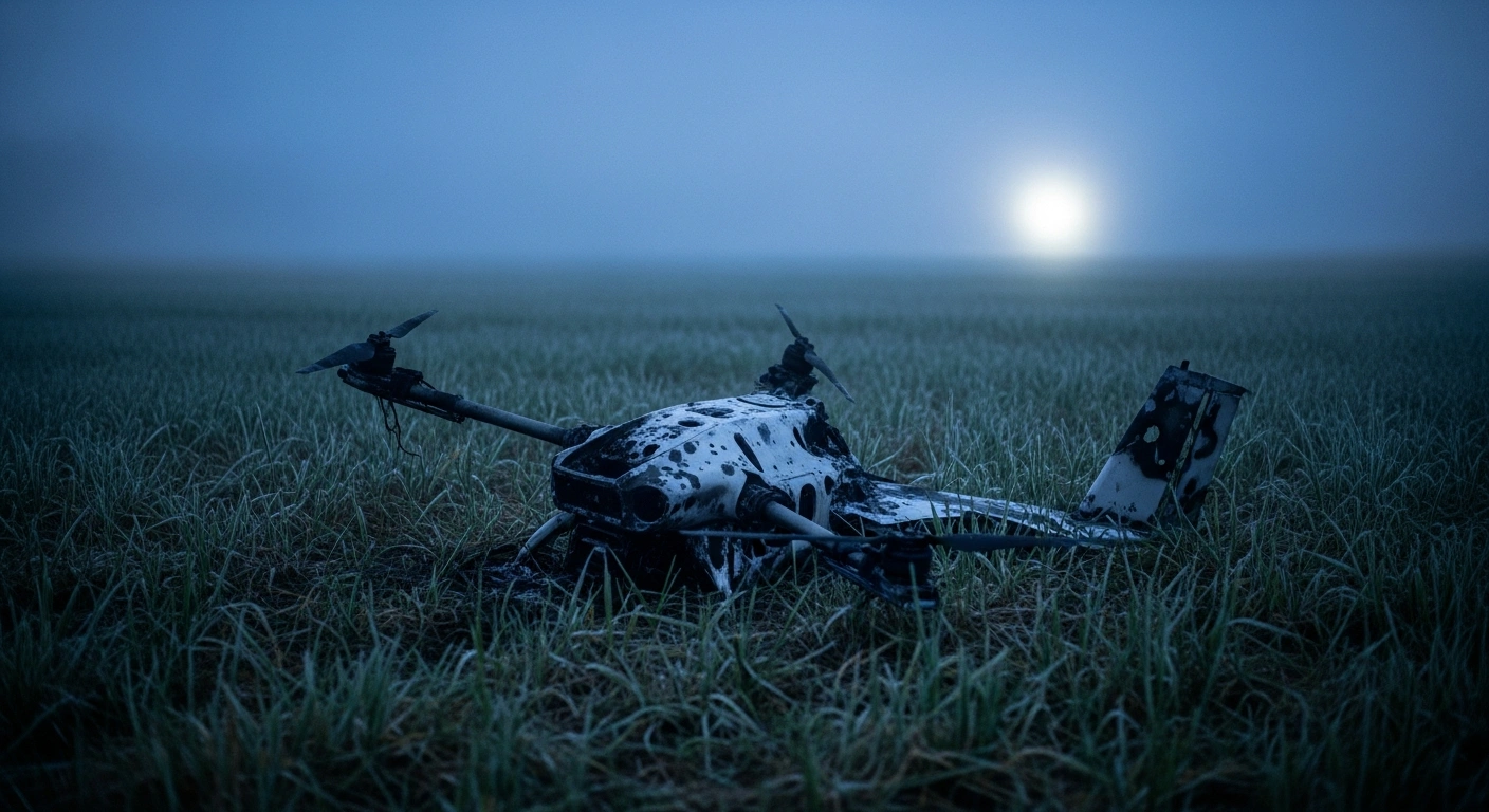 The wreckage of a Russian military drone lies in a field in the Rezekne municipality of Latvia as law enforcement investigates the incident amidst concerns over disinformation.