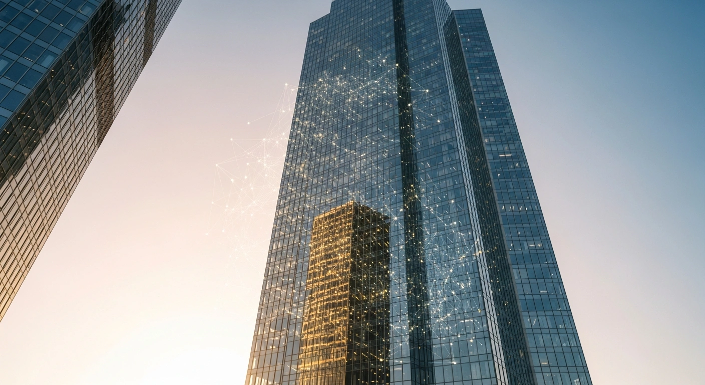 A modern skyscraper in Riga, Latvia, reflecting digital network patterns under a late afternoon sun, symbolizing the substantial growth of Latvia's fintech sector and its emergence as a key financial technology hub in the Baltic region.