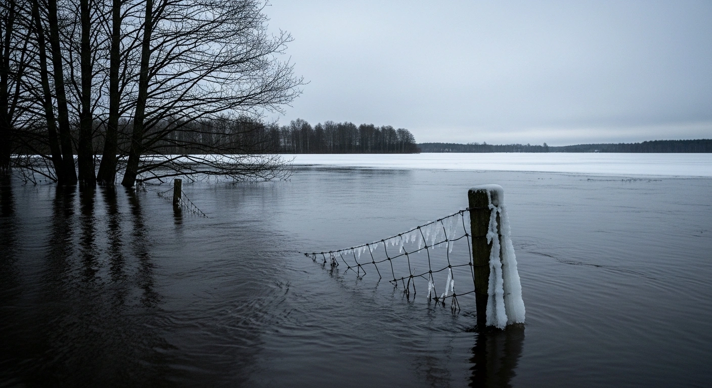 A wide, low-angle shot of a flooded Latvian landscape in the Kurzeme district, showing rapidly rising water levels from a widespread thaw, with murky water engulfing bare trees and melting ice clinging to a partially submerged fence post under an overcast sky, indicating potential flooding.