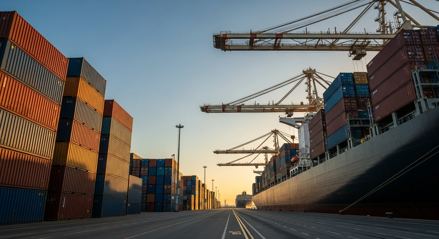 A vibrant, golden-hour scene of a bustling Latvian port with cargo ships and towering containers symbolizes the 11.3% increase in Latvia's foreign trade turnover to EUR 3.83 billion in September 2025, driven by growth in both exports and imports.