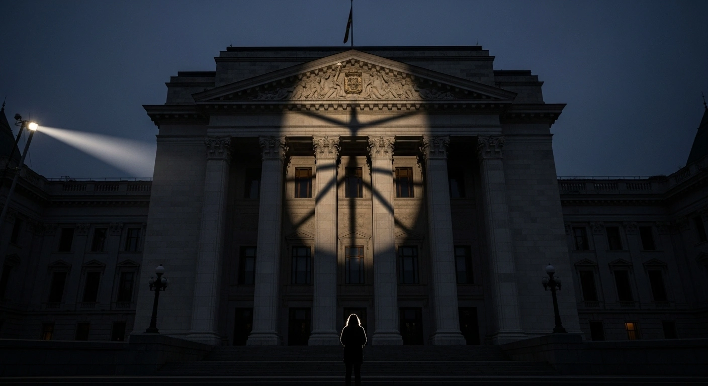 A grand parliamentary building at twilight, illuminated by a harsh spotlight casting a shadow of a fractured shield, with a lone silhouetted figure looking up, symbolizing concern over Latvia's potential withdrawal from the Istanbul Convention against violence.