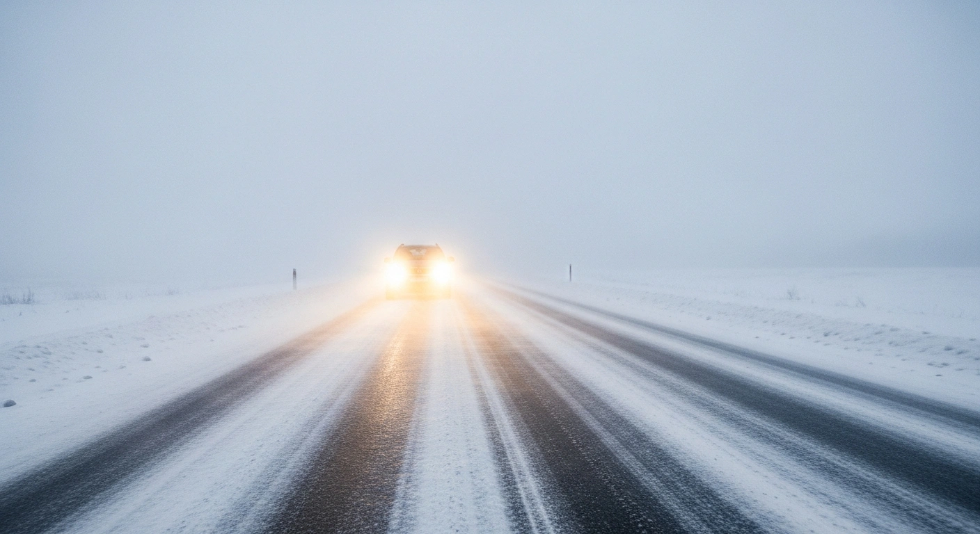 A lone car navigates a snow-covered, slippery road in Latvia's Kurzeme region during a heavy snowfall on January 11th, 2026, with headlights cutting through severely reduced visibility under a yellow weather alert.