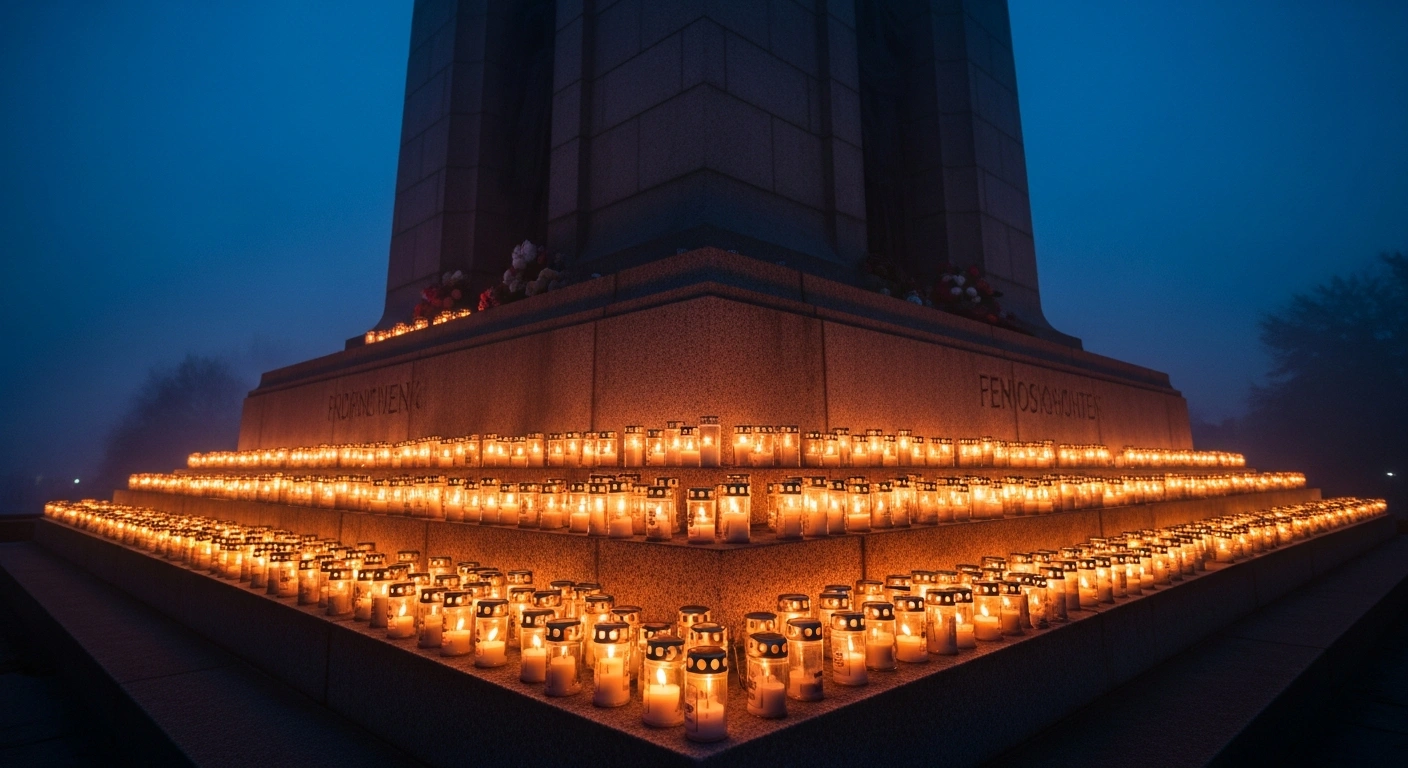 Hundreds of candles glow at the base of the Freedom Monument in Latvia during the solemn Lāčplēsis Day remembrance ceremony.
