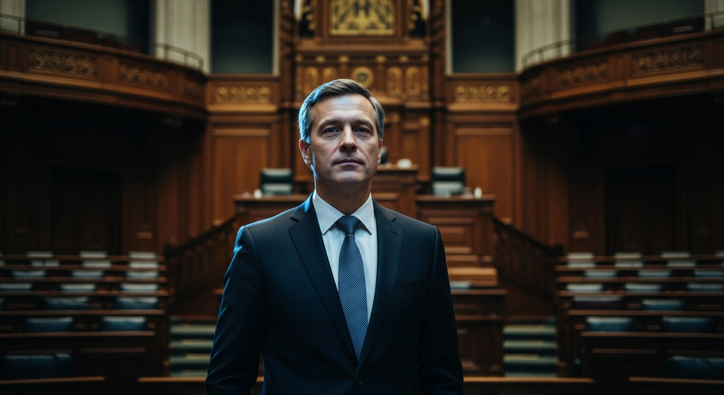 Prime Minister-designate Andris Kulbergs stands in a formal parliamentary hall as he prepares to present his new coalition cabinet for the government of Latvia.