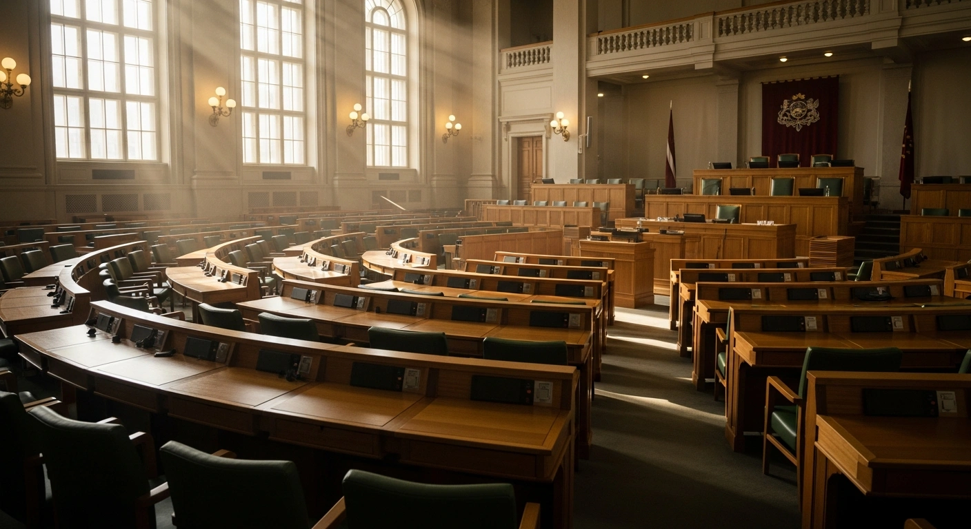 The empty legislative chamber of the Saeima in Latvia is illuminated by sunlight as the parliament concludes its final session before the summer recess.