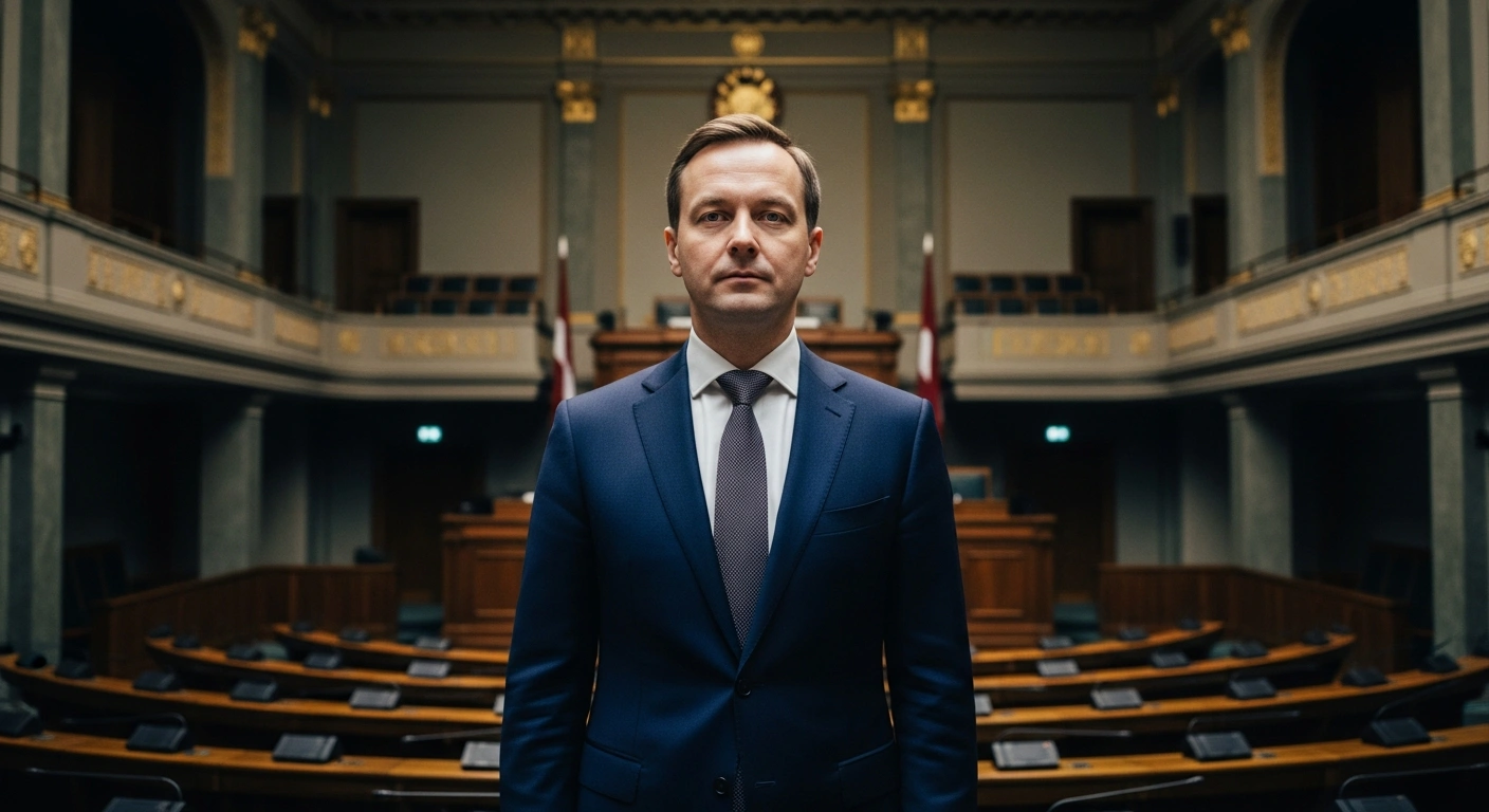A solemn portrait of Armīns Meisters, the newly confirmed Prosecutor General of Latvia, standing in a grand parliamentary hall after his appointment by the Saeima.