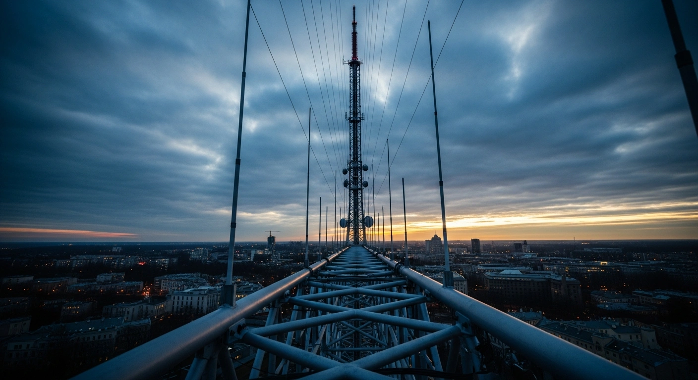 A modern radio transmission tower stands against the Riga skyline as the National Electronic Mass Media Council of Latvia opens a tender for new broadcasting rights.