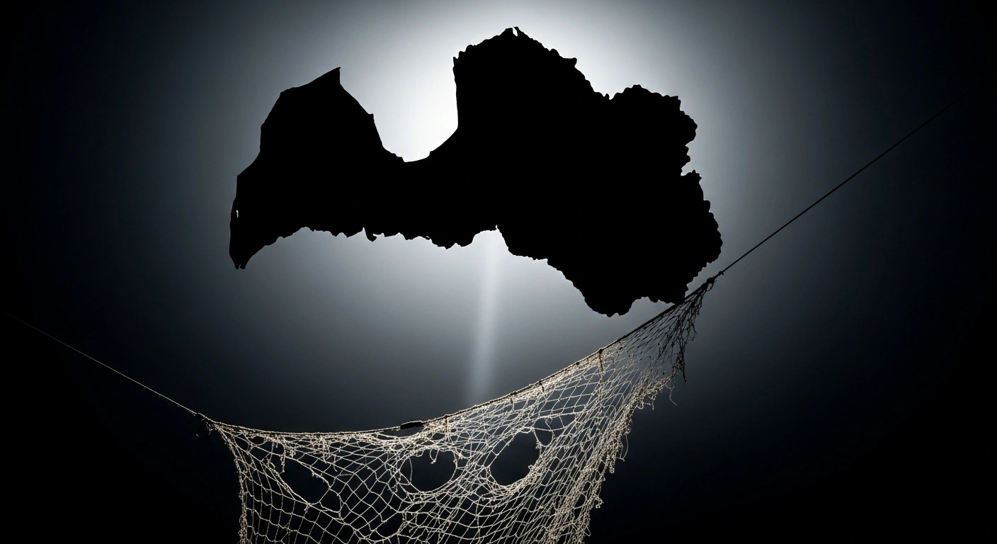A tattered fishing net with large holes hangs limply in the foreground, illuminated by a weak spotlight, failing to contain a vast, amorphous shadow that subtly resembles the outline of Latvia in the dark background, symbolizing ineffective strategies against the shadow economy.