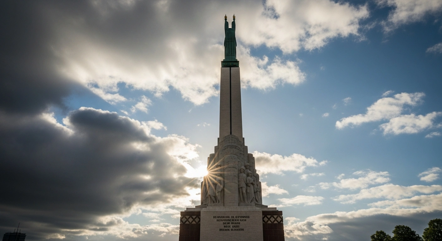 A powerful, low-angle photograph of the Freedom Monument in Riga, Latvia, standing tall against a dramatic sky that transitions from dark, turbulent clouds to bright, hopeful blue, representing the nation's economic resilience and stable 'A' long-term sovereign credit rating reaffirmed by S&P Global Ratings despite geopolitical risks and rising defense spending.
