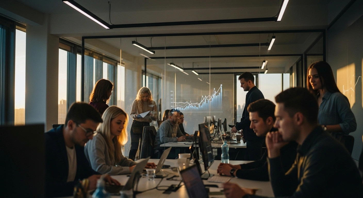 A modern, open-plan office space at twilight, illuminated by golden hour light, depicts diverse young entrepreneurs collaborating intensely around workstations, with an abstract digital graph showing an upward trend, symbolizing the significant growth and rebound in investment activity within Latvia's startup ecosystem, fueled by new venture capital funds backed by ALTUM, which inject fresh capital into early-stage companies, contributing to increased employment and tax contributions.