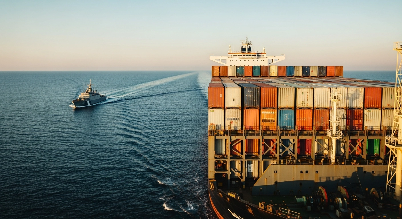 A large commercial cargo ship sails through the Strait of Hormuz while a naval patrol vessel monitors the area to ensure maritime security.