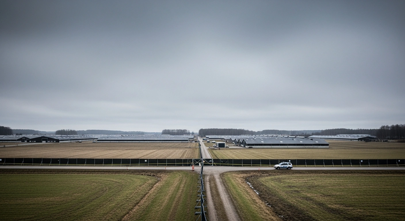 A wide, somber view of a large, isolated pig farm in Latvia, featuring a prominent quarantine barrier and an official vehicle under an overcast sky, symbolizing the African swine fever outbreak at 'Vaiņodes bekons' affecting over 22,000 pigs.