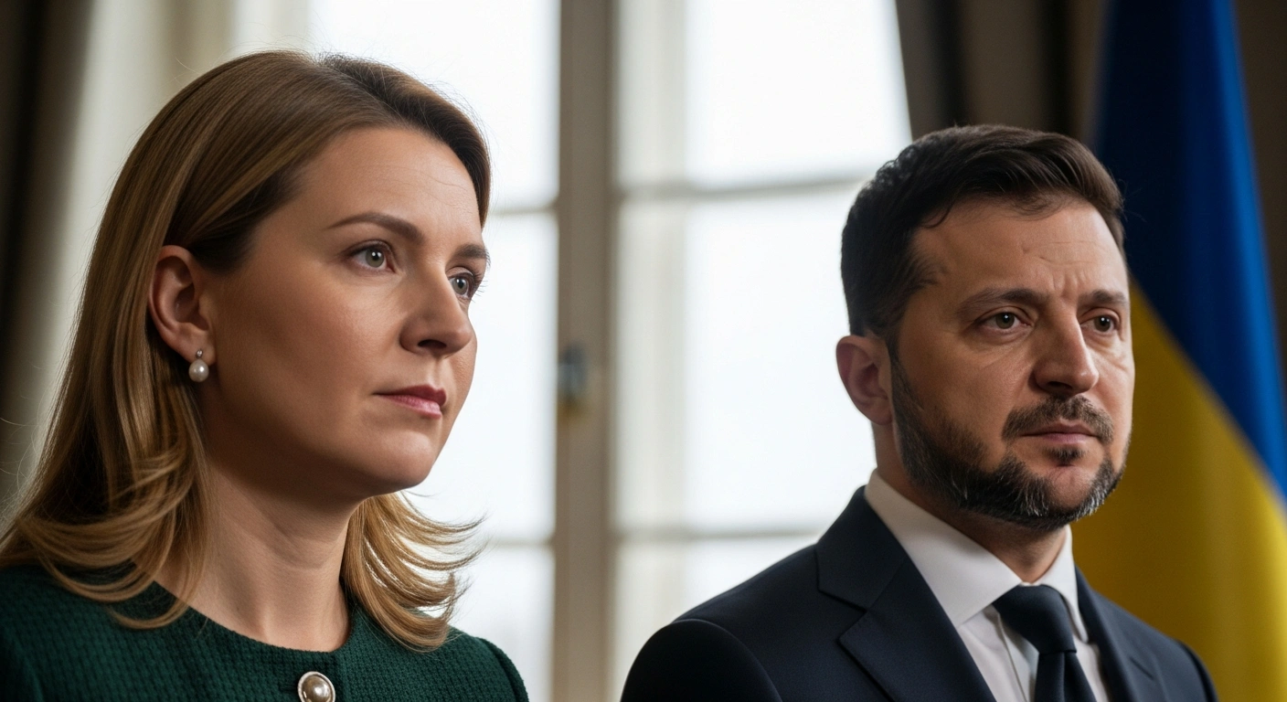 A medium close-up photograph shows Latvian Saeima Speaker Daiga Mieriņa and Ukrainian President Zelenskyy, both with expressions of solemn resolve and mutual respect, symbolizing Latvia's unwavering support for Ukraine's Euro-Atlantic integration, including its path toward EU membership and NATO, which is vital for European security.