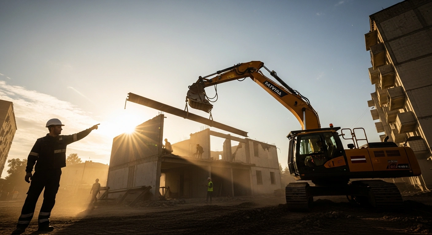 A wide, low-angle shot of a modern excavator with a Latvian flag decal placing a structural beam into a partially rebuilt building at a Ukrainian reconstruction site during late afternoon, symbolizing Latvia's €2 million funding support for local companies in Ukraine's infrastructure recovery.