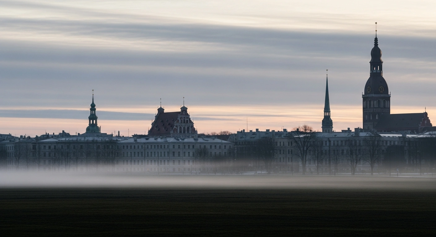 A tranquil, pre-dawn cityscape of Riga, Latvia, featuring sturdy buildings under a diffused grey sky, visually representing the stable 6.8% actual unemployment rate in October 2025, which experienced a marginal decrease of 0.03 percentage points, and the firm 4.7% registered unemployment rate.