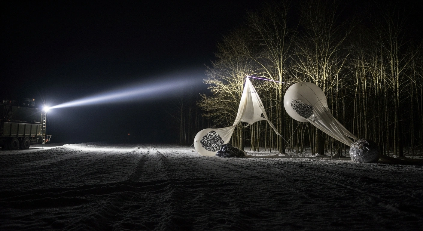 A powerful military searchlight illuminates large, deflated meteorological balloons tangled in barren trees at the Latvian border, revealing bundles of illegal cigarettes, after Latvian authorities intercepted them crossing from Belarus.