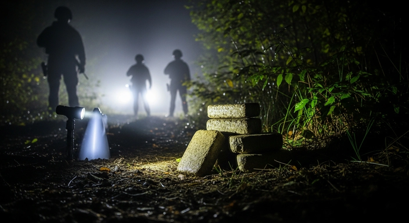 Tactical flashlights illuminate multiple brick-like packages of seized hashish on damp ground in a dark forest at night, with shadowy figures of Latvian State Border Guard officers in the background, representing a significant drug seizure near the Russian border involving four detained individuals.