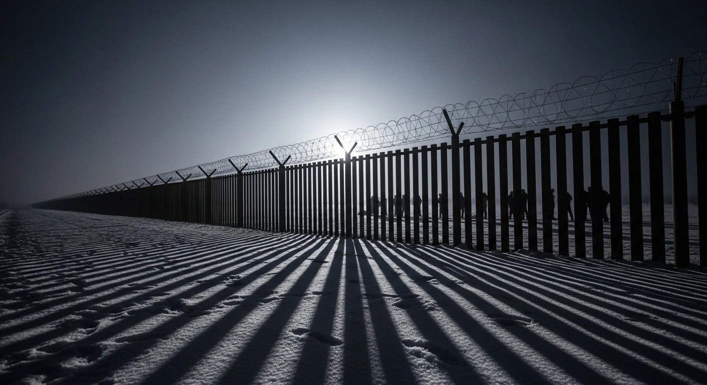 A desolate, snow-covered border fence at night, with faint silhouettes of migrants huddled on the Belarusian side, symbolizing the renewed pressure on the Latvian border and the prevention of illegal entry attempts.