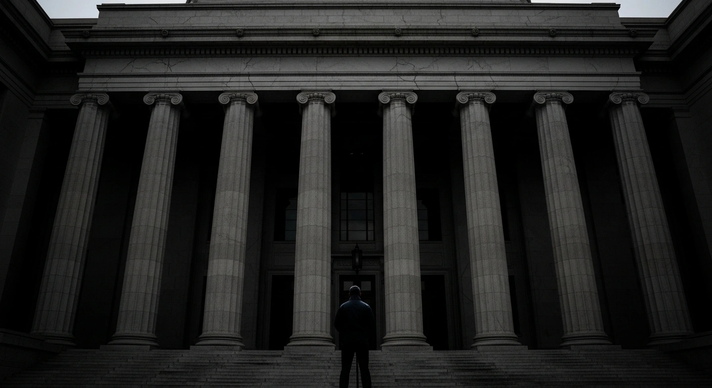 A photorealistic image shows Latvian President Edgars Rinkēvičs, viewed from behind, standing resolutely before a grand, slightly fractured government building, symbolizing the critical 2026 state budget and the test for the ruling coalition amidst internal disagreements over national development, defense, and demographic issues.