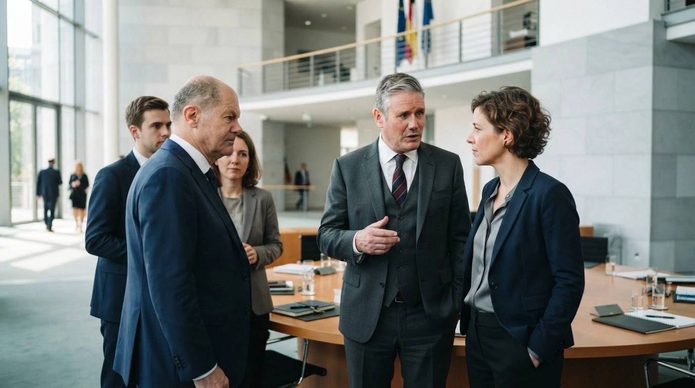 Latvian political leaders gather in a modern parliamentary building to begin formal coalition negotiations for a new government.